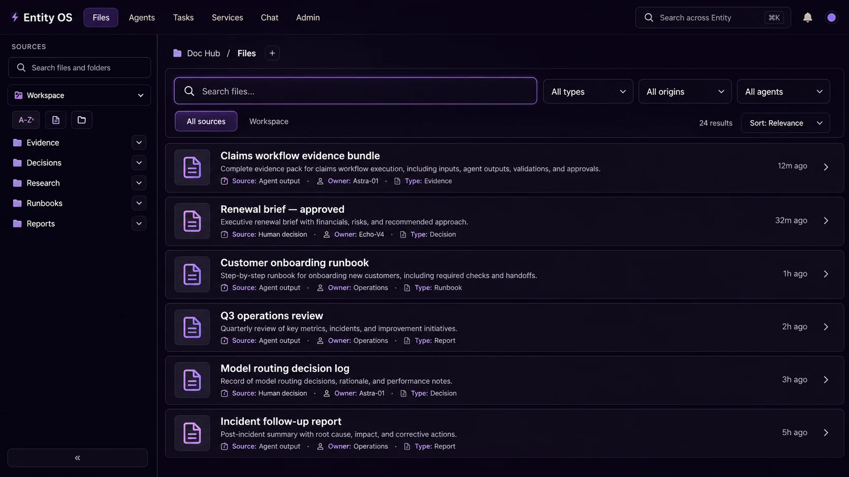 Entity OS Doc Hub showing searchable evidence bundles, decisions, runbooks, and reports