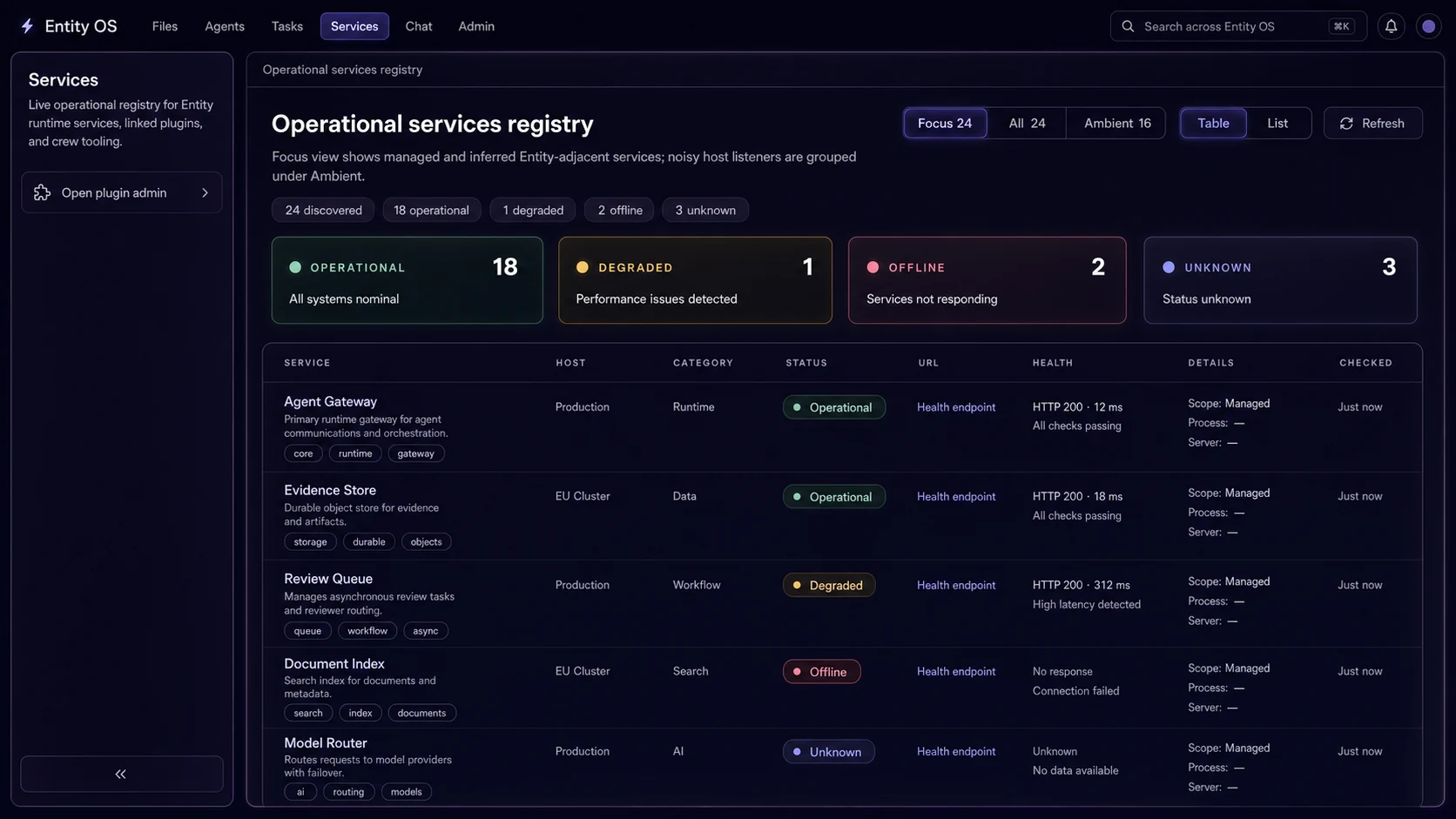 Entity OS operational services registry showing discovered services and live health states