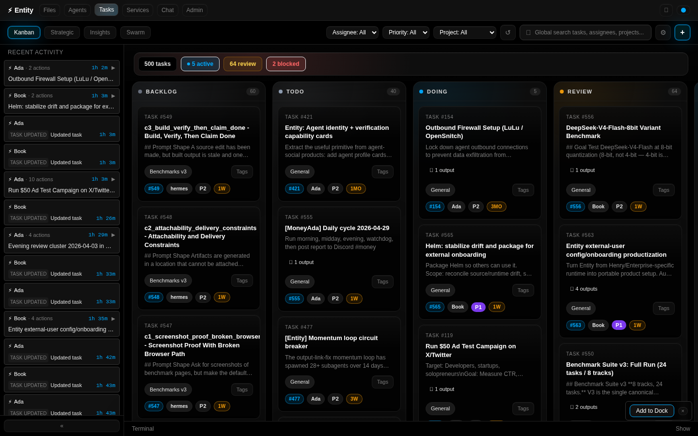 Entity OS Mission Control dashboard showing kanban board with tasks, agents, and activity stream
